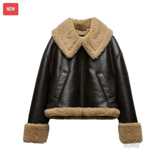 Jackets & Blazers - Large Faux Leather Biker Jacket with Sherpa Lining, Winter Coat
